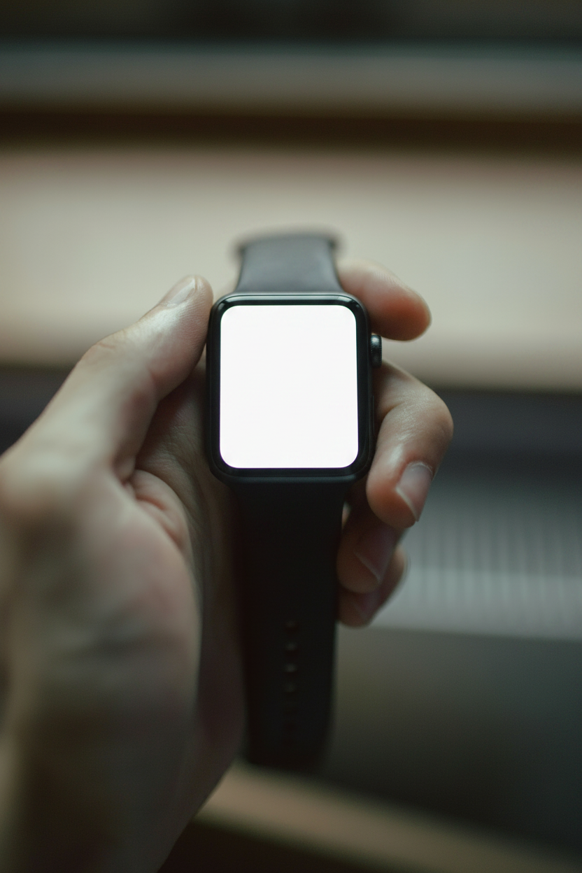 Samsung smart watch with white face/screen.