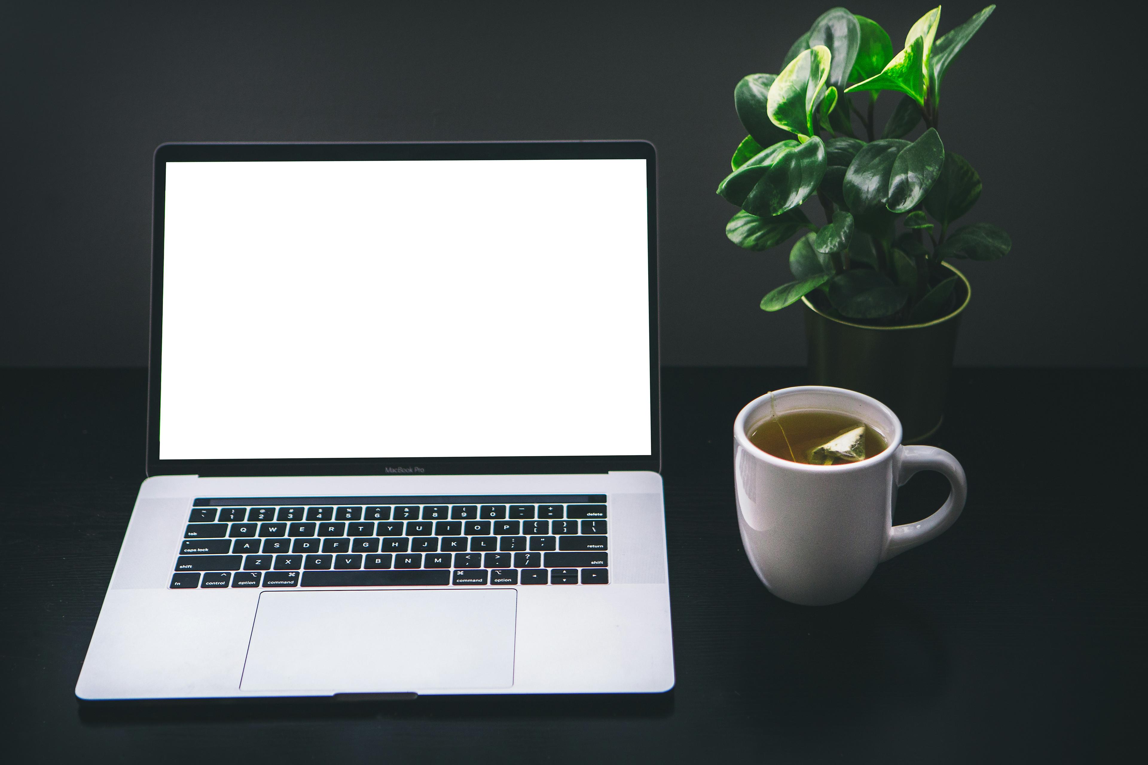 Mac laptop with white screen on black desk with cup of tea to its right and small plant behind cup.